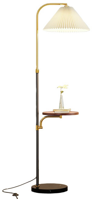 多功能落地燈 附置物盤 三色調光, 黑金胡桃木