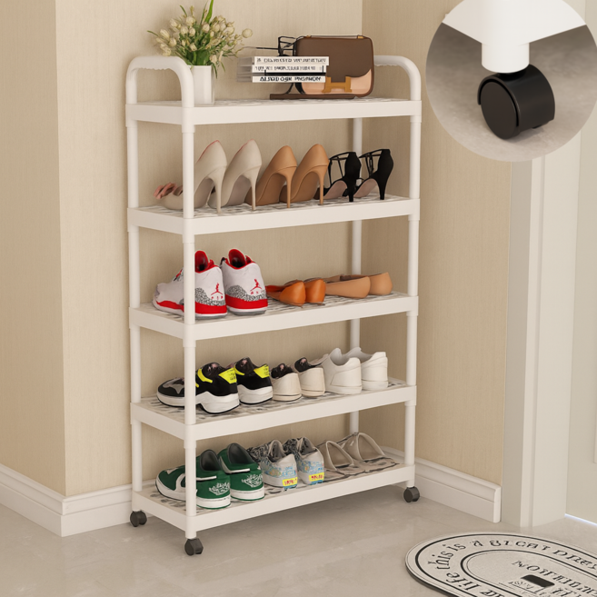 솜솜스퀘어 이동식 바퀴 다용도 정리 수납 미니 신발장, 5단, 화이트