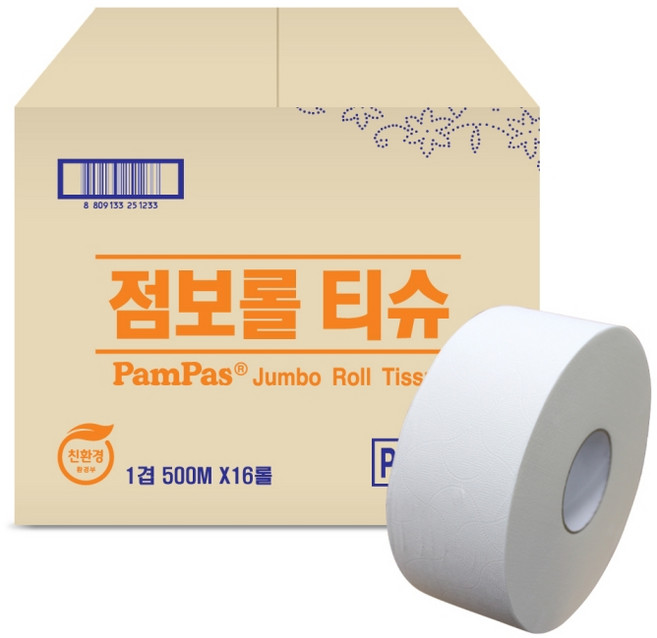 [박스상품] 팜파스 점보롤티슈 500m 1겹 16롤 화장실용 친환경 티슈, 16개입