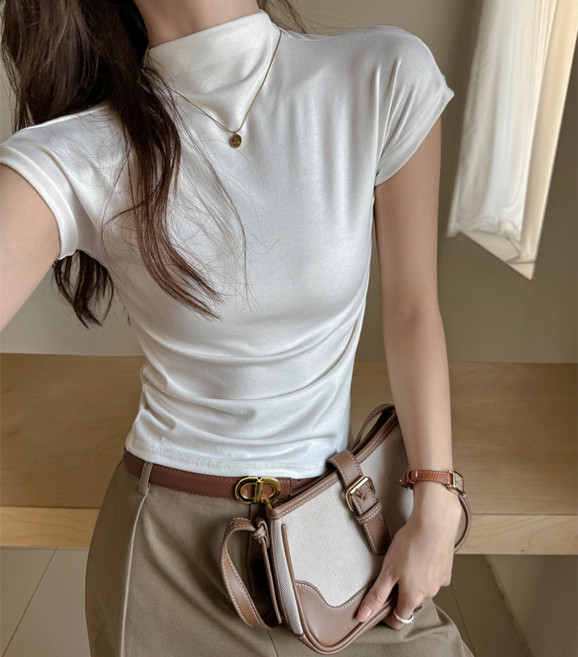 텐셀 소재 반목 스트레이트 숄더 반팔 티셔츠 SH1959