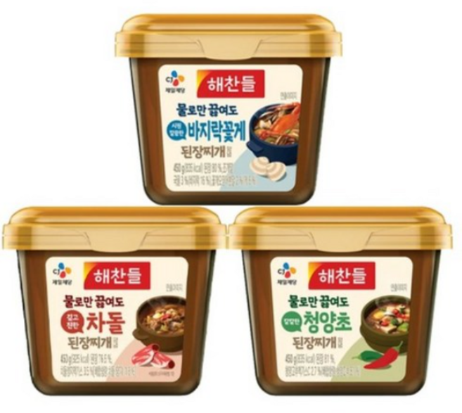 해찬들 그대로 끓여먹는 된장찌개 450g (바지락과꽃게+차돌+청양초), 3개