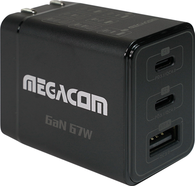 MEGACOM ME-1011 67W GaN氮化鎵快充充電器 1A2C三孔充電座 適用手機/平板/筆電, 黑, 1個