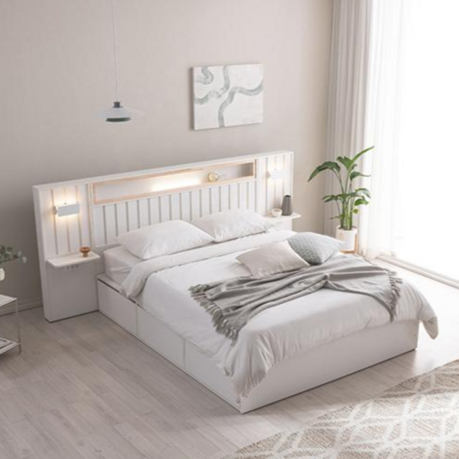 삼익가구 히노 호텔식 프리미엄 편백나무 LED조명 빅수납 침대 SS Q K 슈퍼싱글 퀸 킹, 02. 슈퍼싱글 침대(본넬매트 포함), 화이트