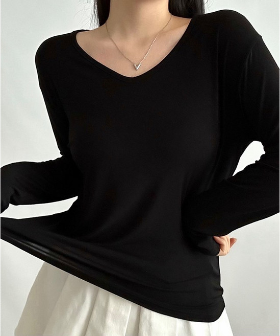 찰랑찰랑 레이온 브이넥 무지 긴팔 이너티셔츠 데일리룩 국내생산