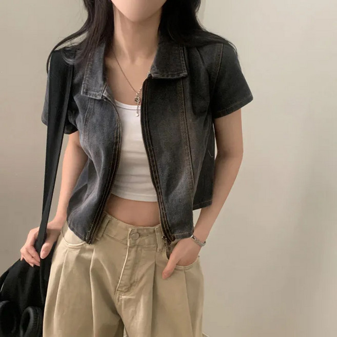 쪼예 캐주얼 워싱 청 데님 투웨이 집업 크롭 반팔 셔츠 자켓