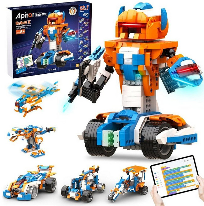 Apitor Robot X 아동용 앱 지원 코딩 장난감 리모콘 공룡 로봇 빌딩 블록 600개 12-in-1 모델 다중 모터 및 센서 만 8세 이상 남아 및 여아 선물