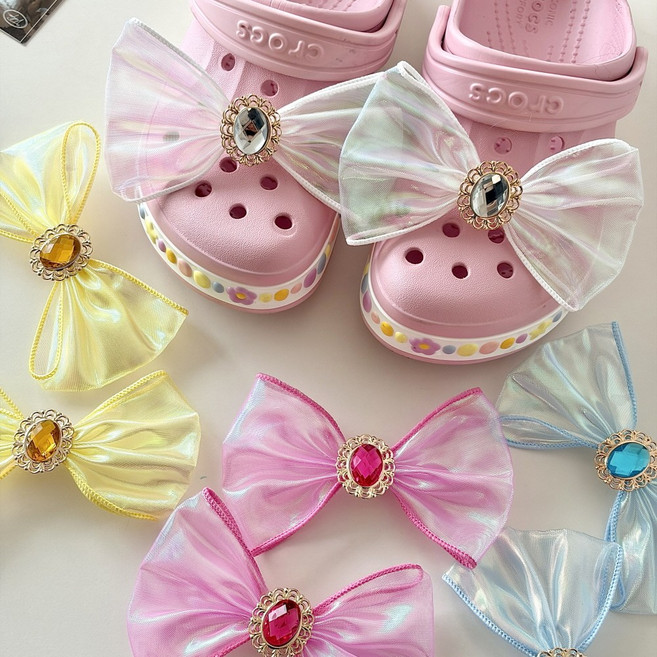 [모닝하트] 오로라 보석 리본 지비츠 신발 꾸미기 파츠 악세사리 2개 1세트