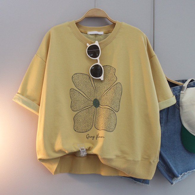 달콩 여성 큰꽃프린팅반팔맨투맨 칠부티 봄 여름