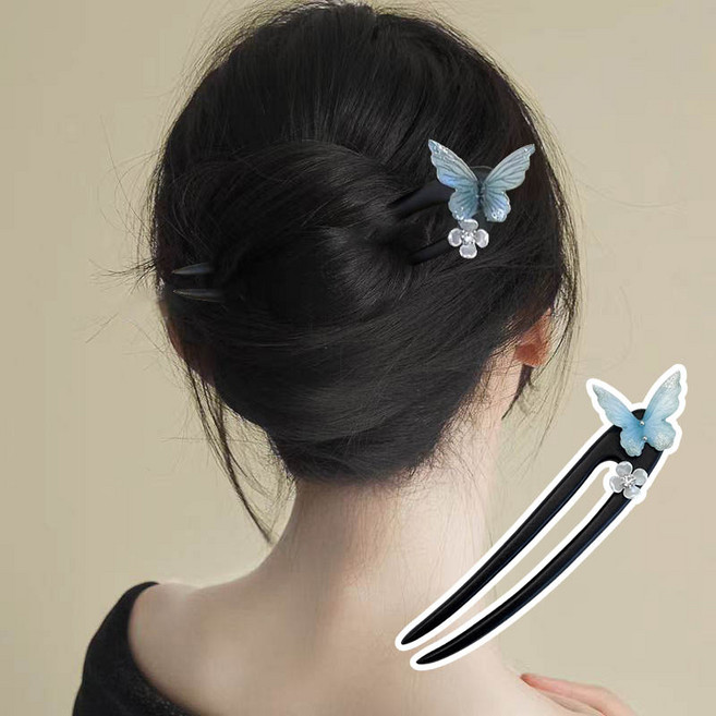 ZMBIRD 블루 나비 꽃송이 U자형 전통 올림머리 비녀 2PCS H4230