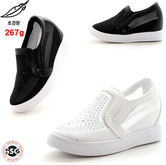 [속굽포함 7cm 초경량 267g 티안나는 키높이 고무창] 가볍고 발볼편한 착화감좋은 여성 여름 시원한 망사 큐빅장식 통굽 스니커즈 운동화