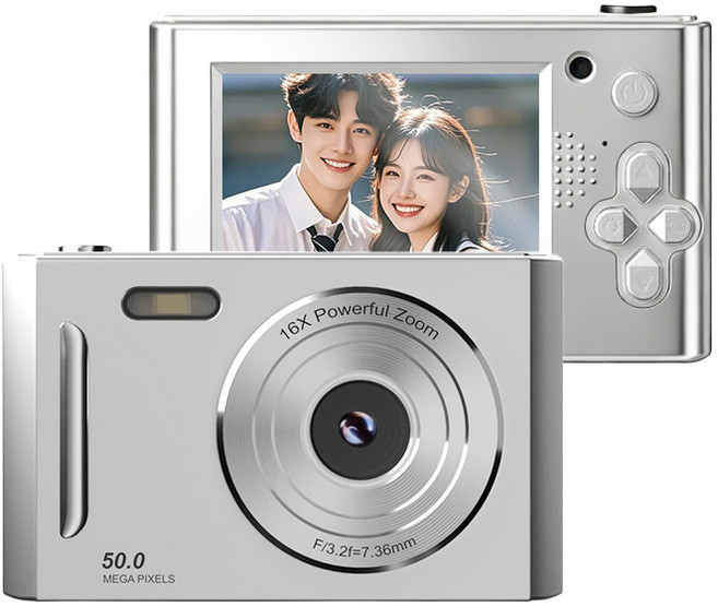 톡임매 미니 빈티지 디지털 카메라 5000W픽셀 고화질 셀카 브이로그카메라 64G메모리카드, 실버