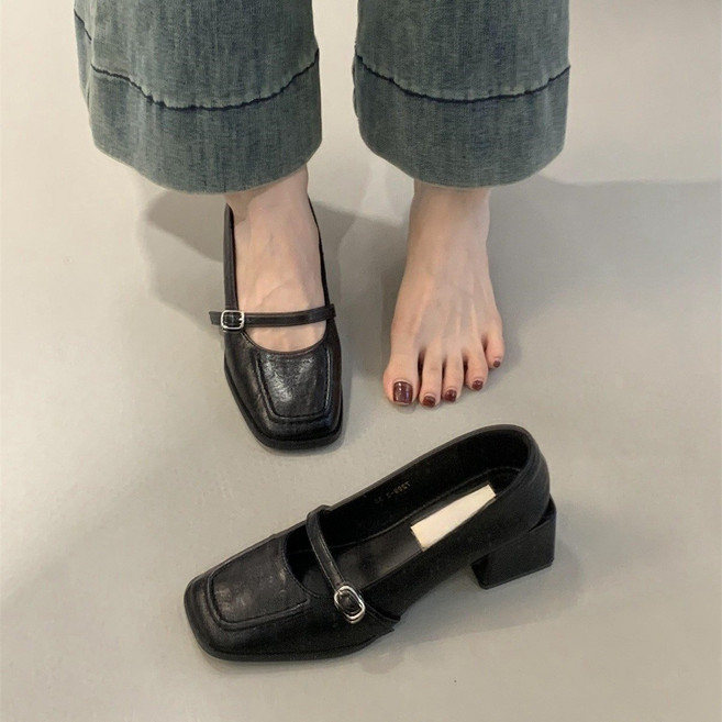 POMTOR 여성구두 소프트 스퀘어헤드 메리제인슈즈 미들힐 펌프스 구두