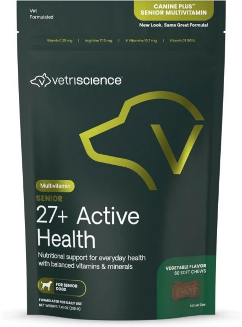 베트리사이언스 시니어 27+ 액티브 헬스 츄 반려견 노인용 일일 종합 비타민 미네랄 제 웰빙 채소 60수, 베트리사이언스 시니어 27+ 액티브 헬스 츄 반려견 노, 1개 - 쿠팡