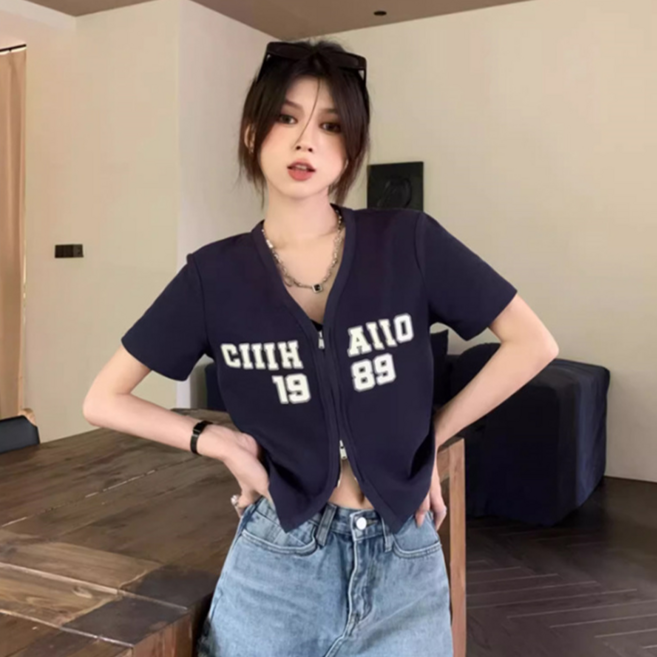 besteffie 여성 여름 캐주얼 반팔 자켓 편안한 스타일 레터링 프린트 디자인 집업 장식 브이넥 간편 반팔 자켓 K83