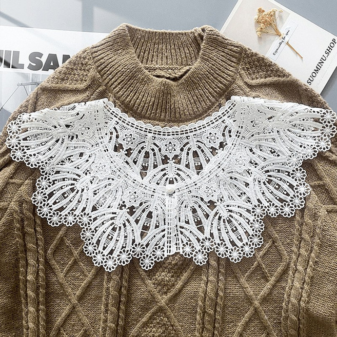 류룡 여성 진주 단추 케이프 자외선 차단 니트 레이스 페이크카라