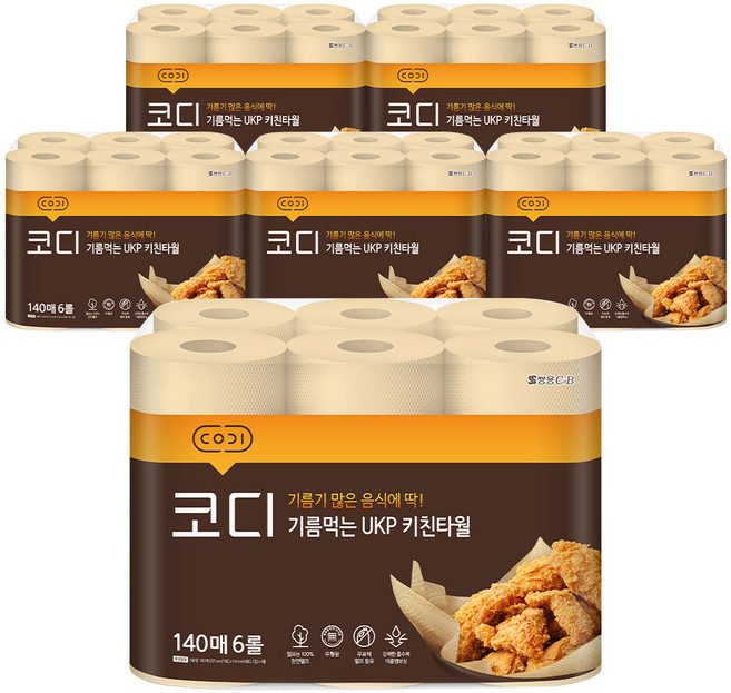 코디 기름먹는 UKP(무표백) 키친타월 140매*6롤 6팩, 6롤, 6개