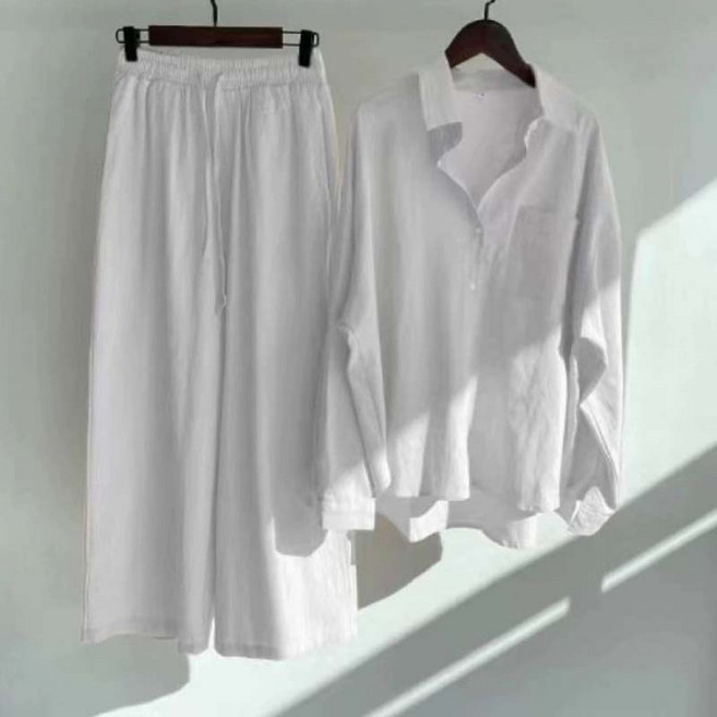 TIMEPURE 1+1 여름 가을 여성 캐주얼 셔츠+와이드 팬츠 여 2피스 와이드 면마 셔츠 세트 하이웨스트 편안한 통기 윗단추 디자인 빅포켓 솔리드 디자인 고급심플