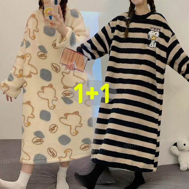 JUSTFEELING 2장세트(1+1) 부드러운 극세사 플란넬 잠옷원피스 가을겨울 보온 여성용 오버핏 수면잠옷 원피스 홈웨어