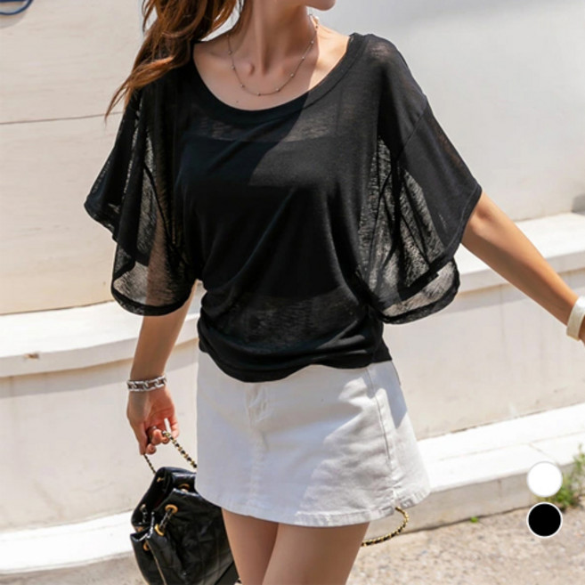 [나크21] (55~120) 러플 드레이프 시스루 티셔츠 여성 빅사이즈 블라우스 KO32-T-10