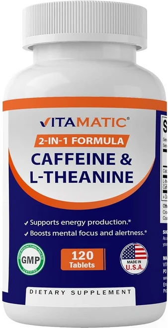 카페인 100mg이 함유된 비타민 L-테아닌 200mg - 집중 에너지 및 정신적 맑음을 위한 120정의 채식주의자용 누트로픽 보충제, 1개, 120정 - 쿠팡