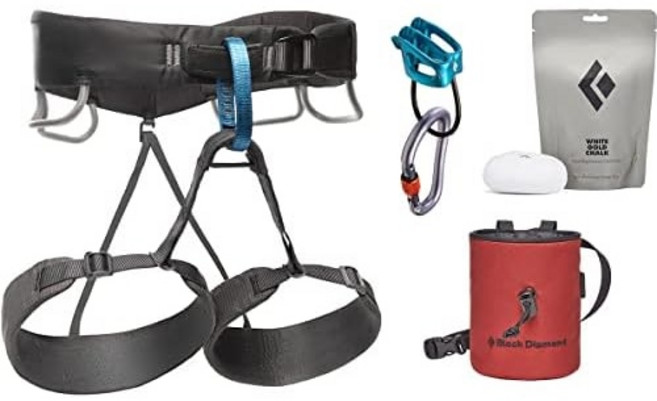 블랙 다이아몬드 남성용 모멘텀 클라이밍 하네스 패키지 | 하네스 벨레이 장치 잠금 카라비너 초크 백 및 스타터 기어, Extra Sm, Anthracite