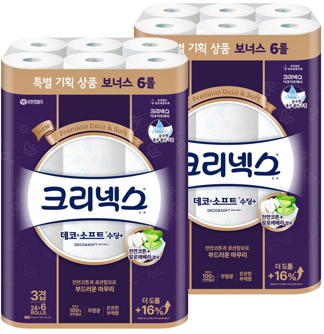 크리넥스 3겹 데코 앤 소프트 수딩 플러스 천연펄프 고급롤화장지, 25m, 30개입, 2개