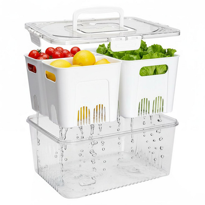 만능 소분 밧드 냉장고 밀폐 용기 물빠짐 채반 보관통 (과일 야채 채소 샐러드 대파 보관 보관함 통), 1세트, 3칸바스켓+높은몸체