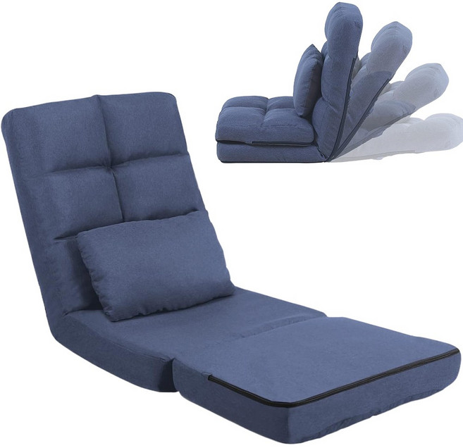 FLOGUOR 1인용 좌식 접이식 리클라이너 소파베드 14단계 각도조절 등받이 쿠션 의자, 블루