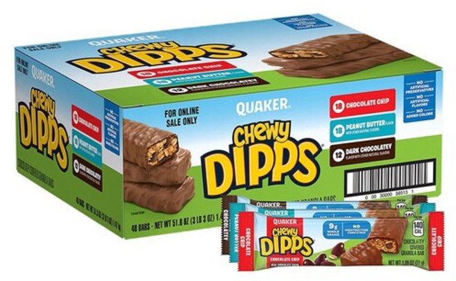 Quaker 퀘이커 츄이 딥스 그래놀라 바 3종 31g x 48바 다크 초콜릿칩 피넛 버터 Dipps, 48개