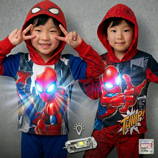 26new 반짝반짝 발광 마블정품 스파이더맨 긴팔 후드 상하복세트 (LED시계증정 국내당일발송)