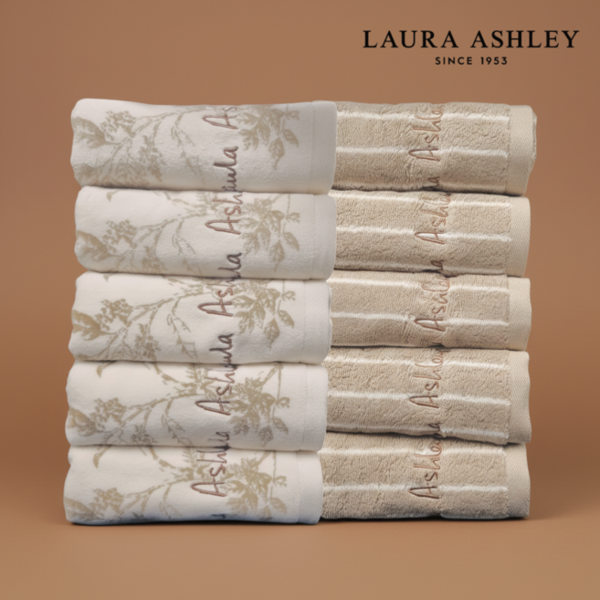 로라애슐리 60수 수건 선물세트 10장 뉴클래식 브라운 콤비(엘더우드 브라운5장+스트라이프 브라운5장) 돌잔치 답례품 신혼 집들이 선물 추천, 엘더우드 브라운+스트라이프 브라운, 10개