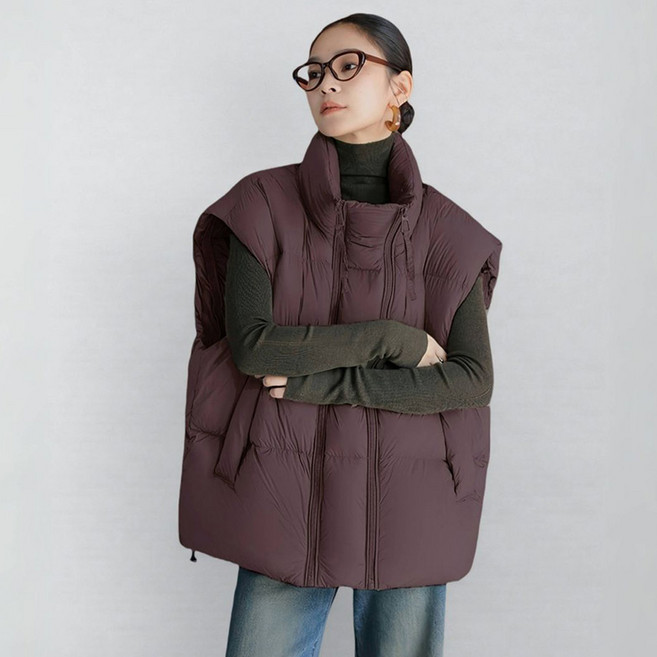 ORZQU 추동 여성 하이넥 더블 집업 나시 코트 루즈핏 패딩 조끼