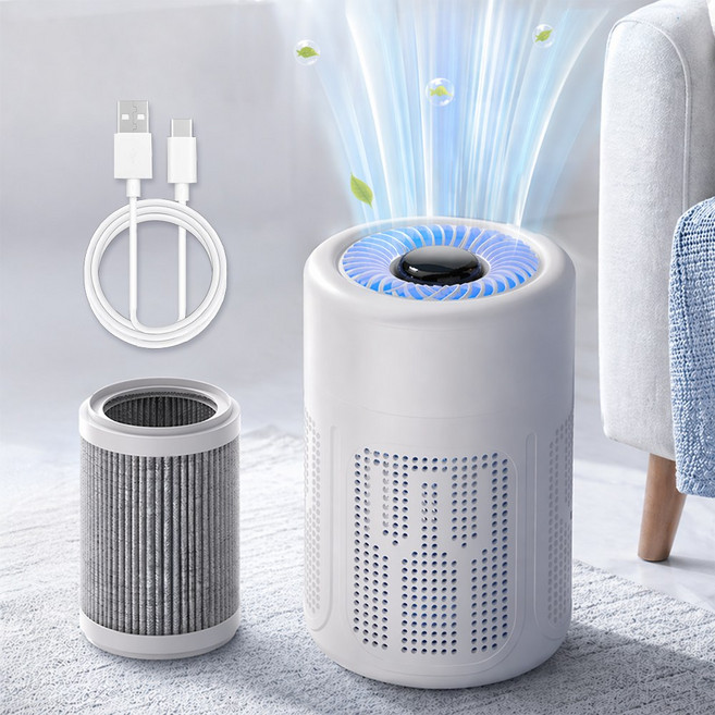Alwanking 미니 공기청정기 360도 음이온 UV살균 소형 공기청정기 저소음 원룸 가정용, 화이트, A-89