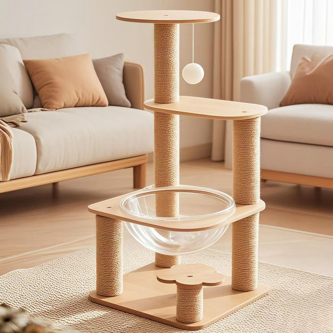 TaiStar 다묘용 고양이 타워튼튼 스크래치 포스트우주캡슐 놀이 공간T856-012, 1개, 나무색