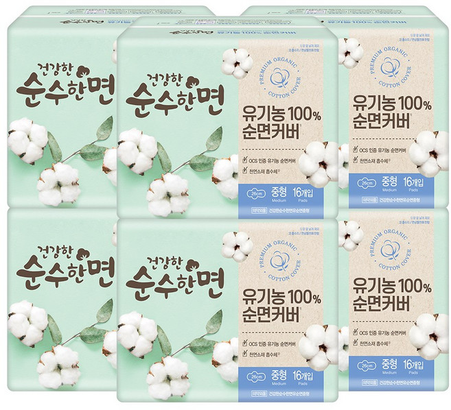 순수한면 건강한 생리대 날개형, 중형, 16개입, 6개