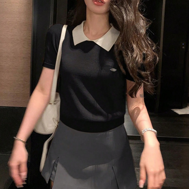 SOSISI 여성 반팔 니트 흰색 카라넥 데일리룩 여름 니트 H46119