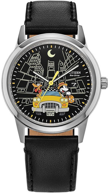 Citizen 시티즌 남성용 Eco-Drive 디즈니 미키 마우스 & 프렌즈 시계 블랙 가죽 스트랩 다이얼 날짜 (모델: AW1860-01W)_158550