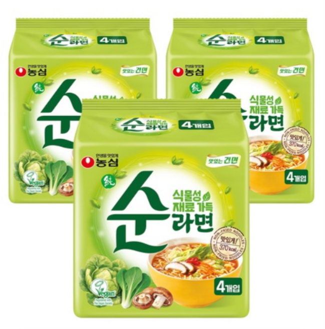 농심 순라면 식물성 재료 비건 라면, 3팩