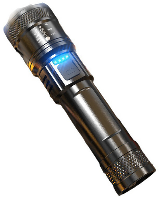 Type-C充電手電筒 LED電量顯示 4900N遠射 應急充電寶功能, 高級黑, 1個