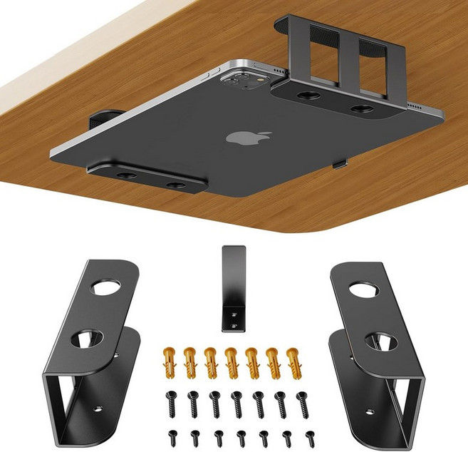 BYMECOST 책상 아래 노트북 저장 장착대 금속 하단 장치 홀더 두께 최대 21인치 기기용 맥북 미니 키보드 라우터 긁힘 방지 실리콘 포함 블랙, Black, 2.1", 1개