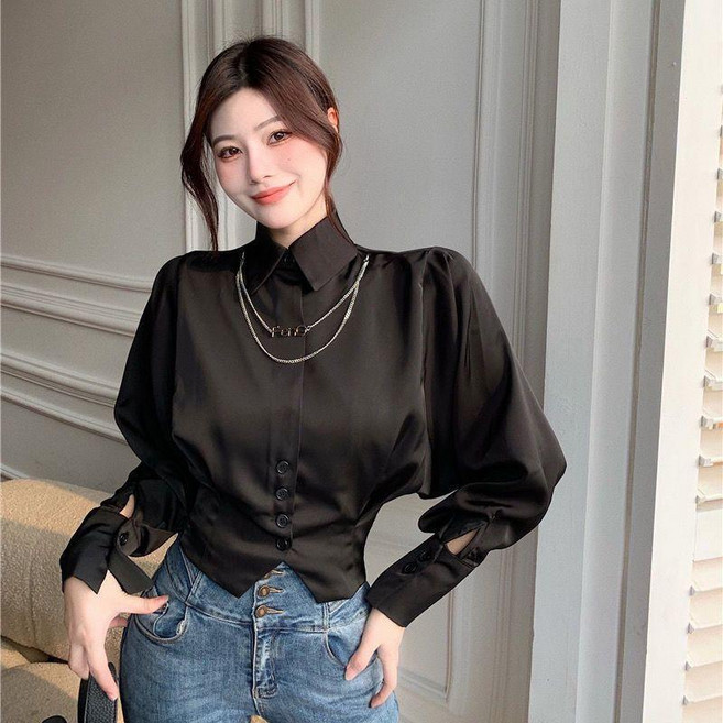 無品牌 設計感時尚襯衫 翻領燈籠袖 短款上衣女