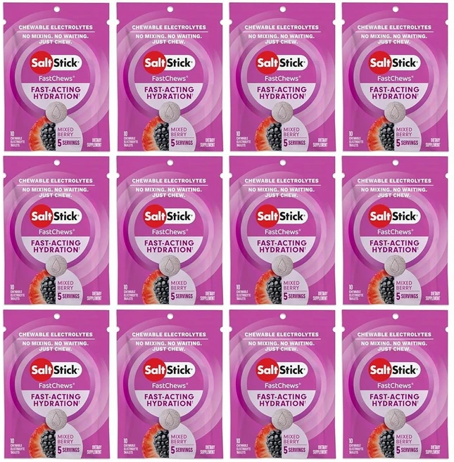 솔트스틱 전해질 패스트츄 - 120 카운트 버라이어티 팩 수분 공급용 씹을 수 있는 정제 소금 탭 10 12팩, Mixed Berry, 1개 - 쿠팡