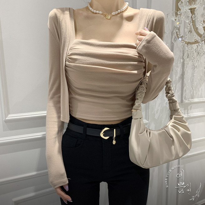 예쁨시전 [투피스] 슬림라인 셔링 스퀘어넥 크롭 나시 가디건 세트