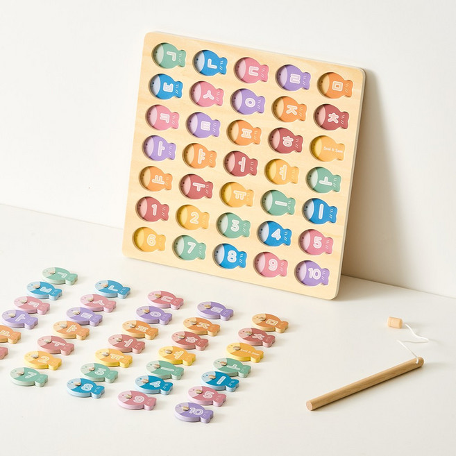 쏠앤샘 원목 자석 낚시놀이 세트 아기 장난감 한글 숫자 교구 3세 4세, 1개