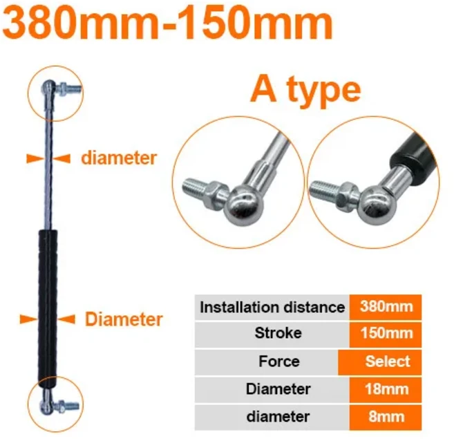 188 가스 봄 접이식 힌지 50N-500N/5kg-50kg 리프트 스트로크 거리 150mm 구멍 센터, 08 400N, 01 A type, 1개