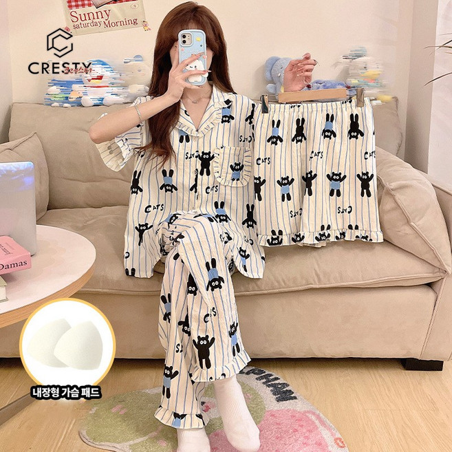 CRESTY 여성용 여름 반팔 잠옷 고양이 프린팅 홈웨어 상하의 3종 세트