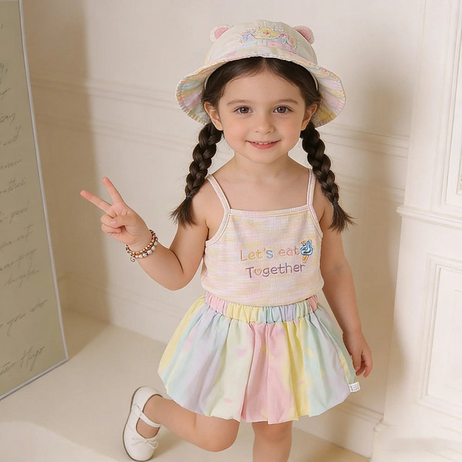 블링래빗 여아용 무지개 나시 스커트 상하복 100~130 키즈 주니어 여름 상하의 세트 투피스