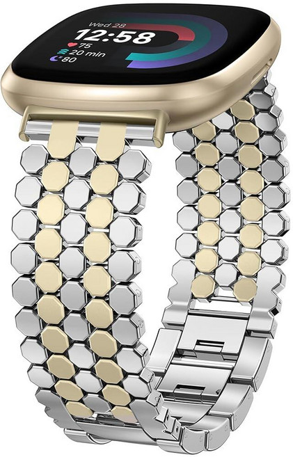 Minyee Fitbit Versa 4/Sense 2/Versa 3/Sense 밴드와 호환되는 메탈 밴드 여성용 드레시 스테인리스 스틸 실버 벌집 디자이너 스타라이트 링크 팔, 실버/샴페인 골드