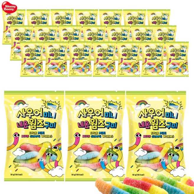 사우어 미니네온 웜즈 젤리 (x) 위니비니사탕캔디, 50g, 24개