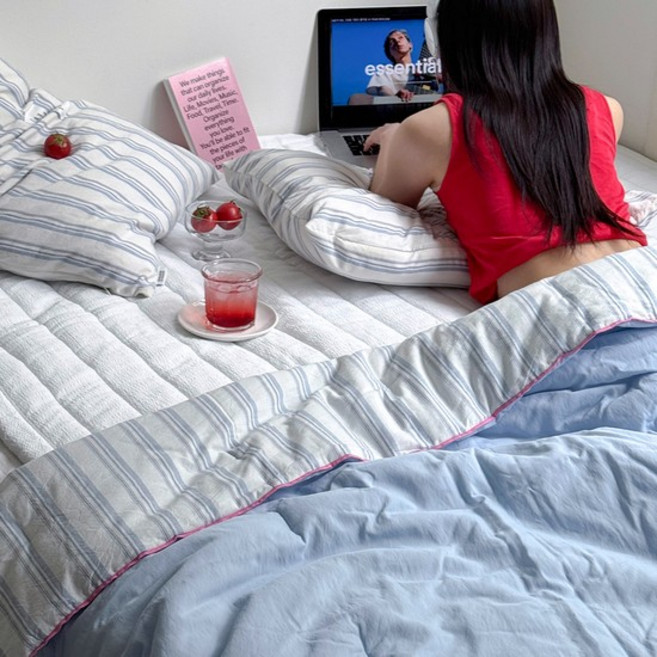 파라다이스 스트라이프 모달 냉감 여름 차렵이불 (SS/Q&K), Q&K풀세트이불+베개2+매트리스커버아이보리